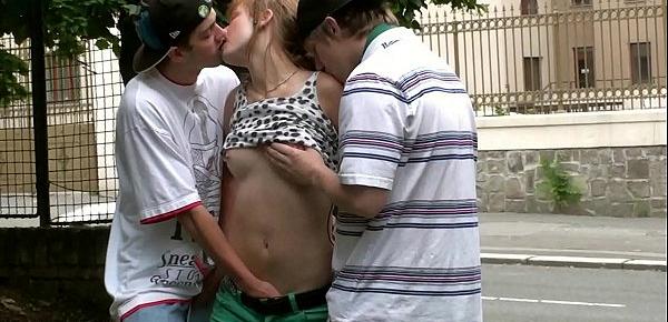  A cute teen girl Alexis Crystal in public threesome